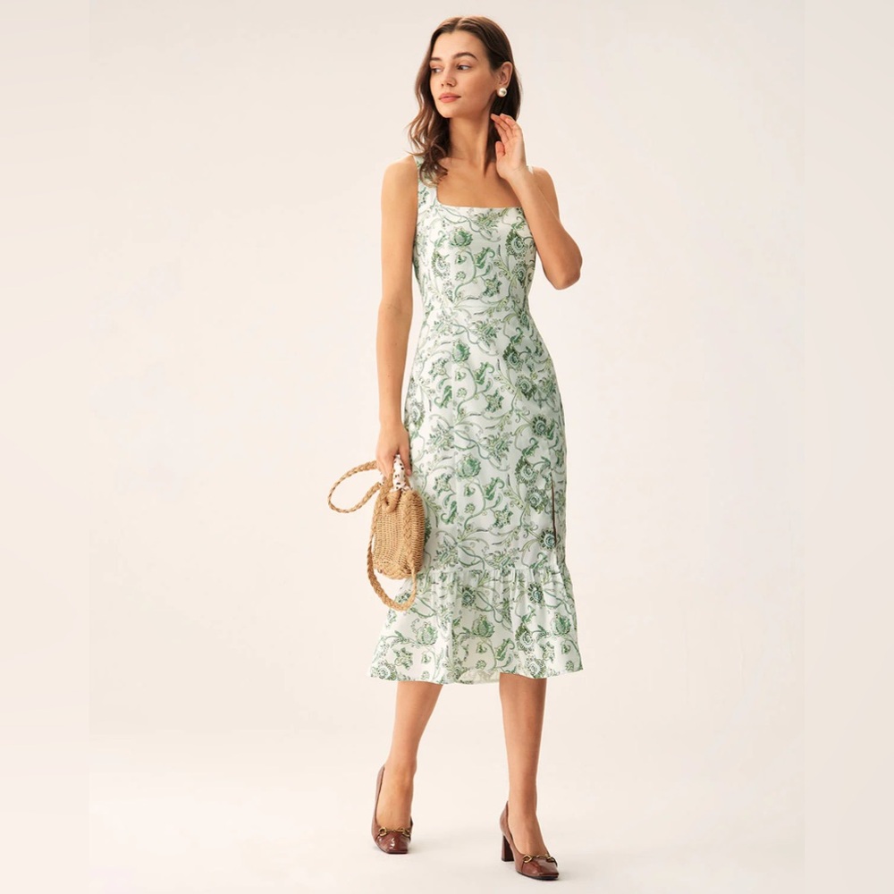 Rihoas Green Floral Square Neck Midi Dress